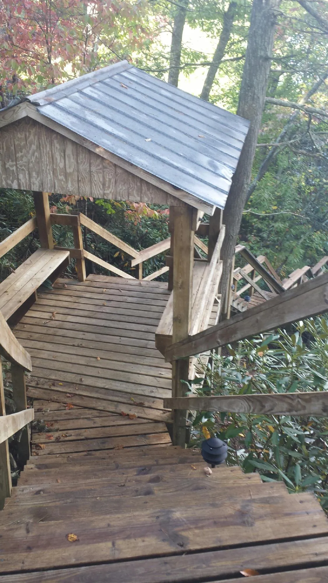 Metal roofed shelter over wooden steps on a wooded walkway — Skylight Repair & Installation work by our crew in Rush Center